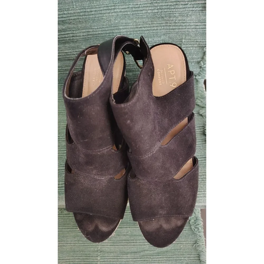 Apt. 9 Black Faux Suede Wedge Open Toe Sandals Size 8